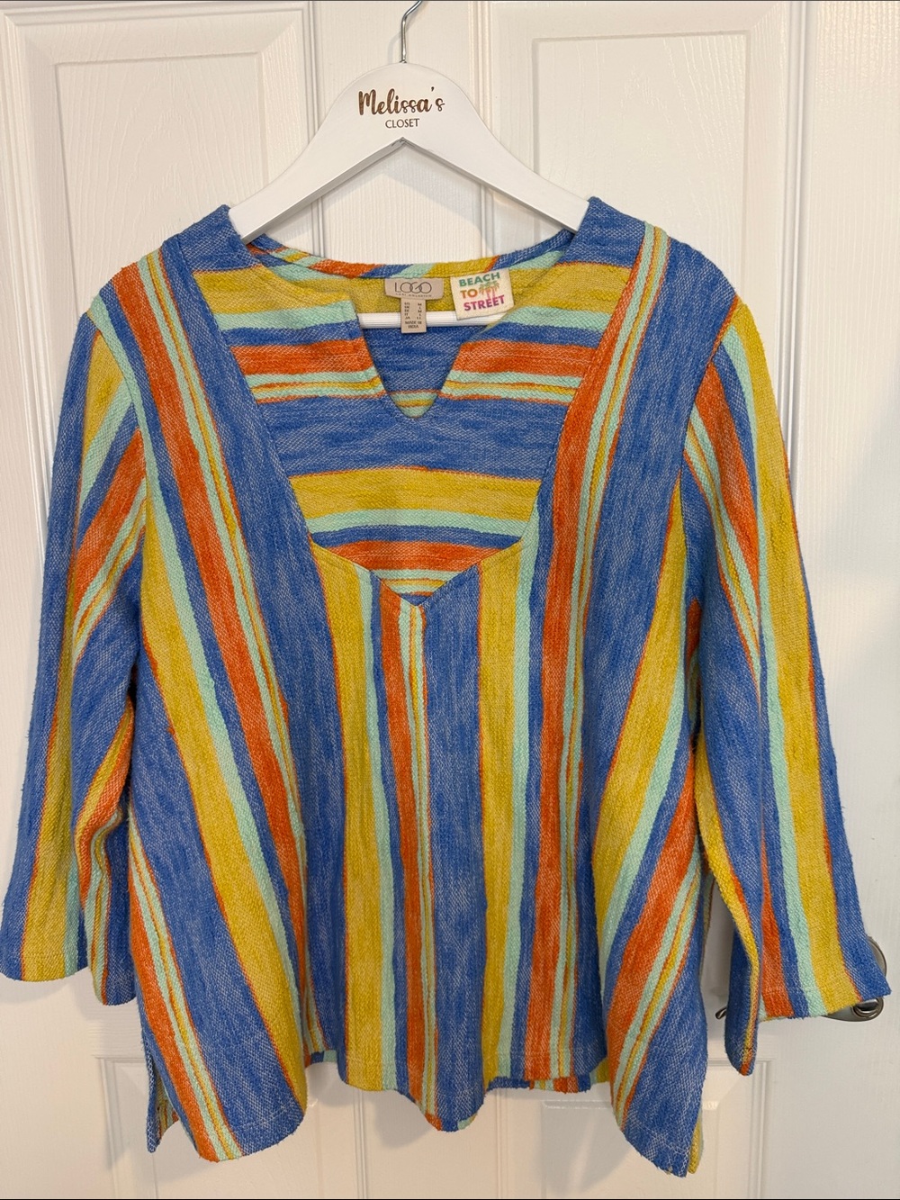 LOGO by Lori Goldstein Blue, Yellow & Orange Striped V-Notch Top